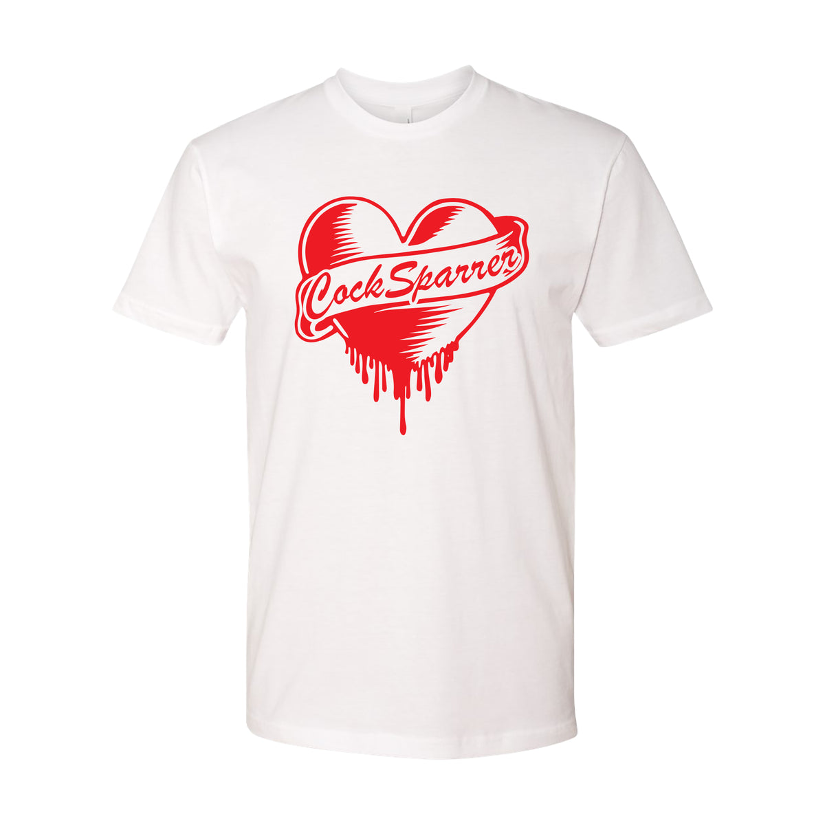 Cock Sparrer white shirt with a bold red dripping heart graphic and the band name in stylized script on the front. Printed on premium Next Level 3600 for comfort and style.