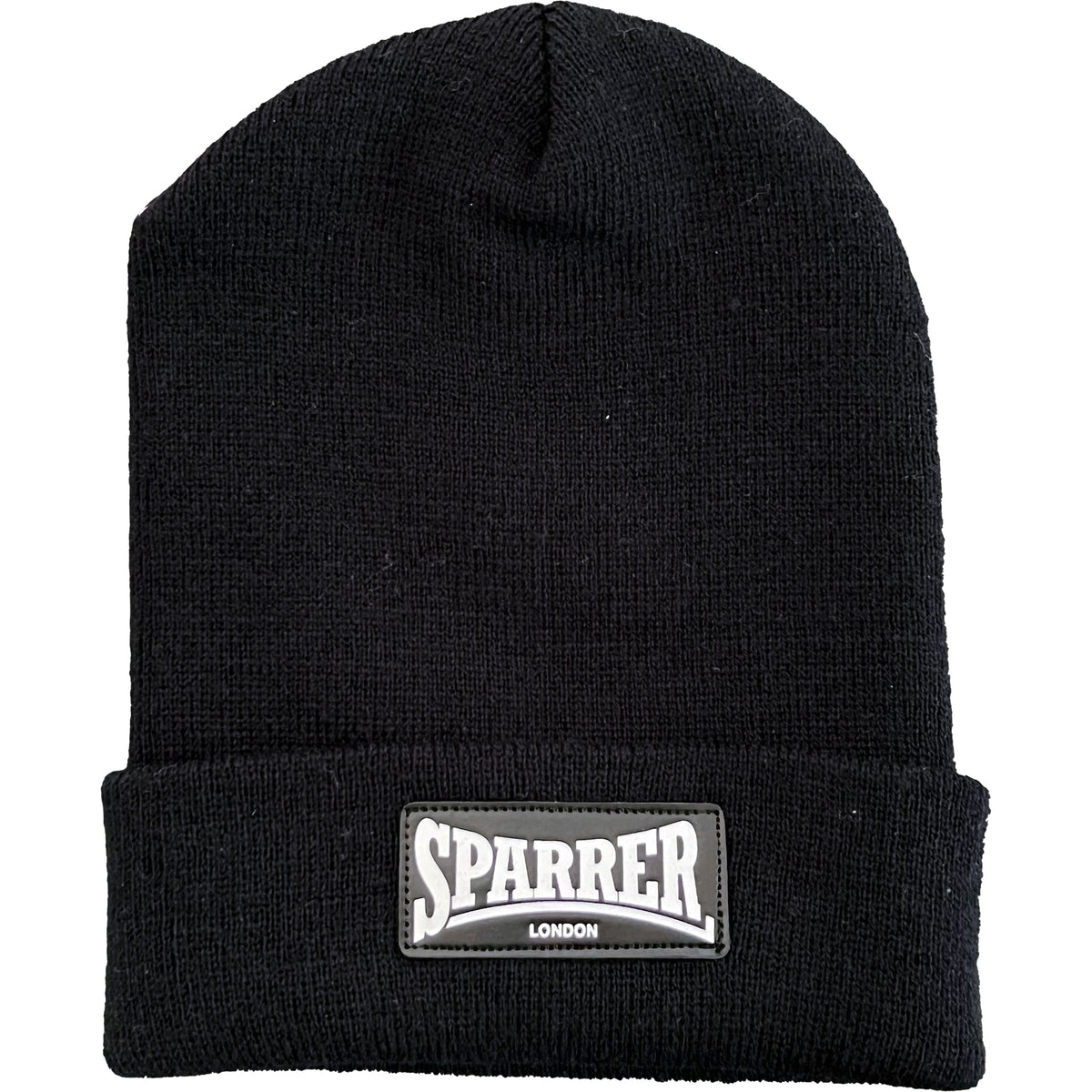 A black Cock Sparrer beanie with a folded brim, featuring a rectangular London patch that reads SPARRER LONDON in bold white letters—a must-have for any fan.