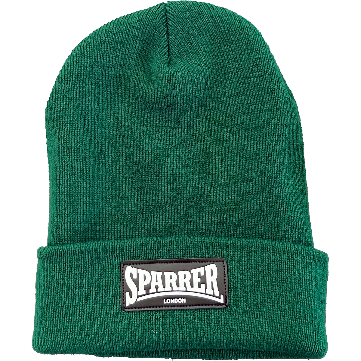 A forest green beanie with a folded brim, featuring a black and white SPARRER LONDON patch on the front. Brand: Cock Sparrer.