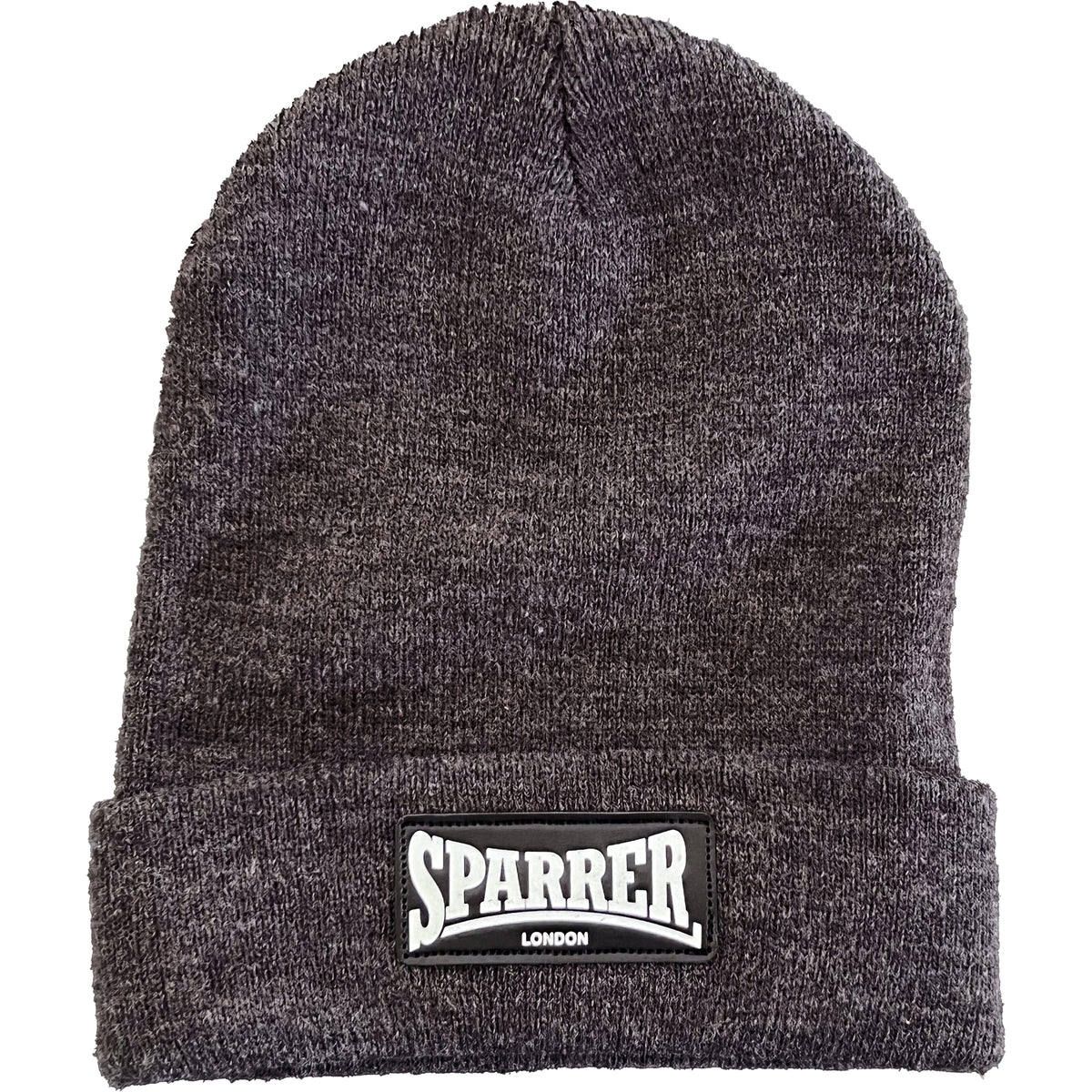 A dark grey Cock Sparrer beanie with a folded brim, featuring a black and white London patch that reads SPARRER LONDON.