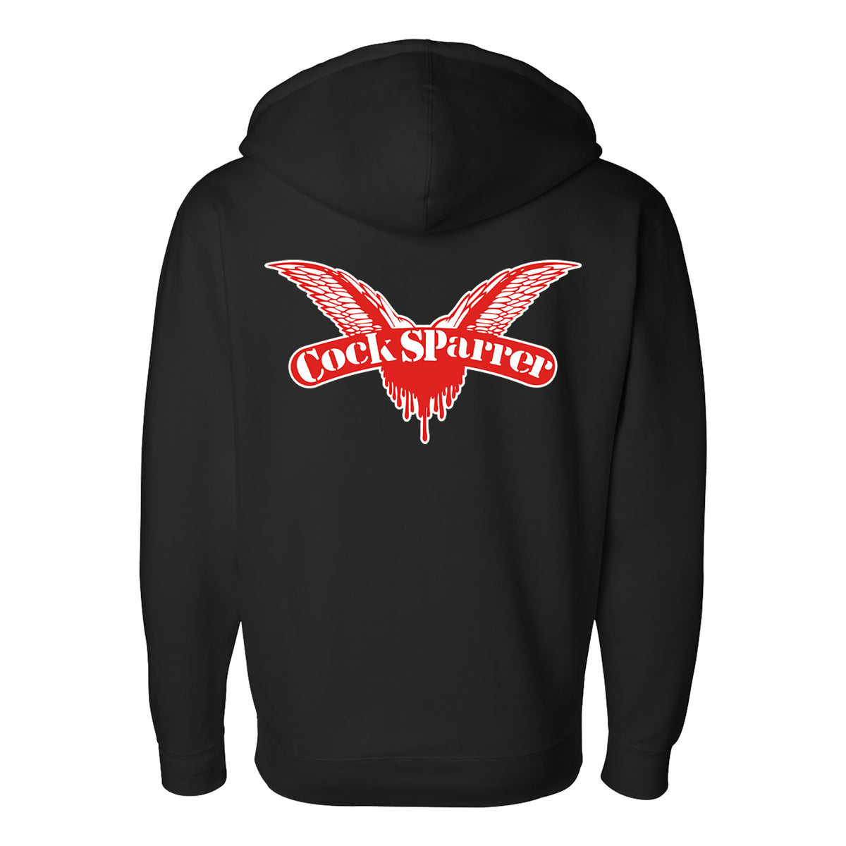 A black Cock Sparrer zip-up hoodie with a red and white winged graphic and bold Cock Sparrer text on the back—perfect for fans of the iconic brand.