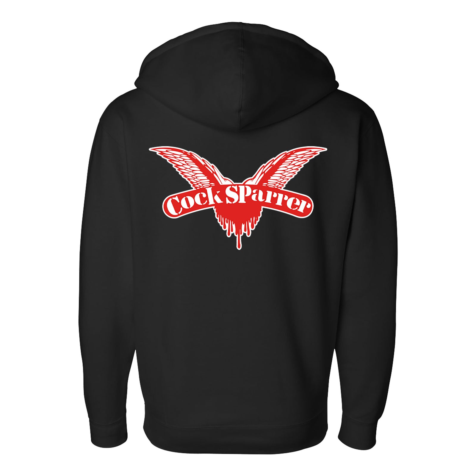 A black Cock Sparrer zip-up hoodie with a red and white winged graphic and bold Cock Sparrer text on the back—perfect for fans of the iconic brand.