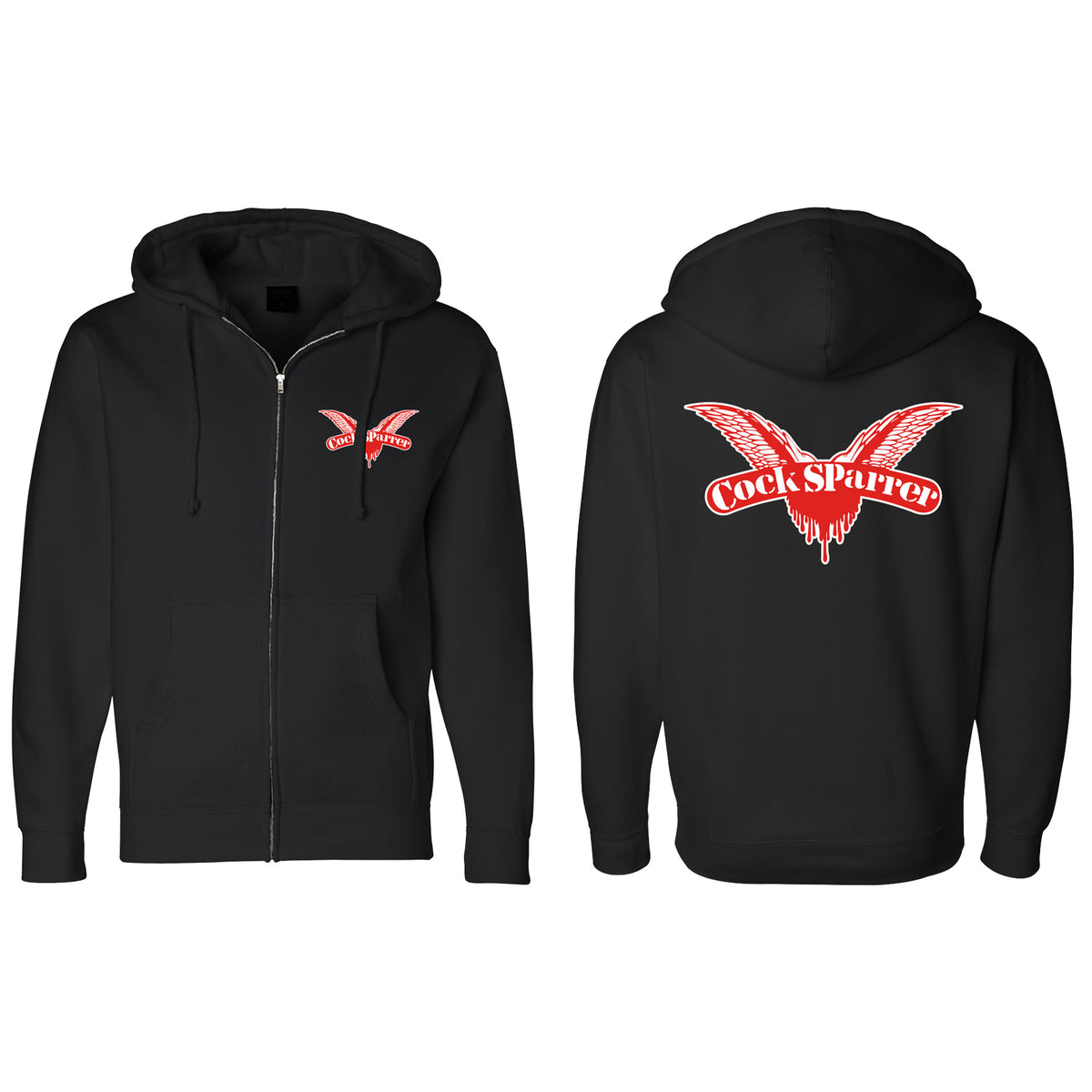 Cock Sparrer zip-up hoodie shown front and back; features a red and white winged Cock Sparrer logo on the left chest and a larger version across the upper back. Classic style with bold punk attitude.
