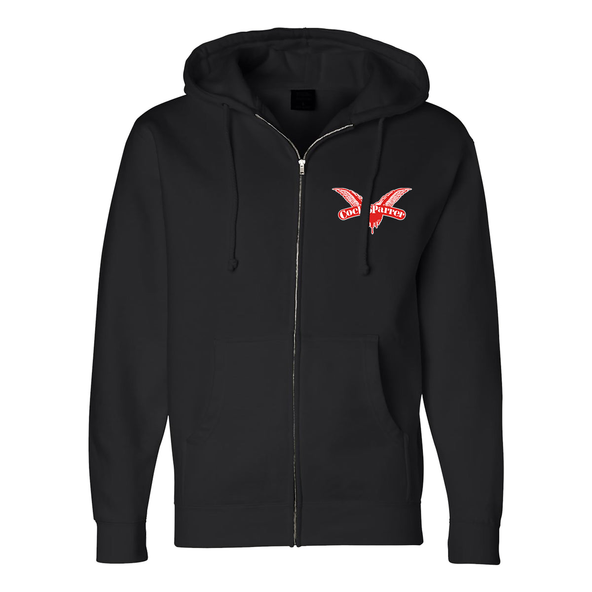Black zip-up hoodie by Cock Sparrer with a small red butterfly graphic and white text on the left chest. Features include a front zipper, two pockets, and a drawstring hood for comfort and style.