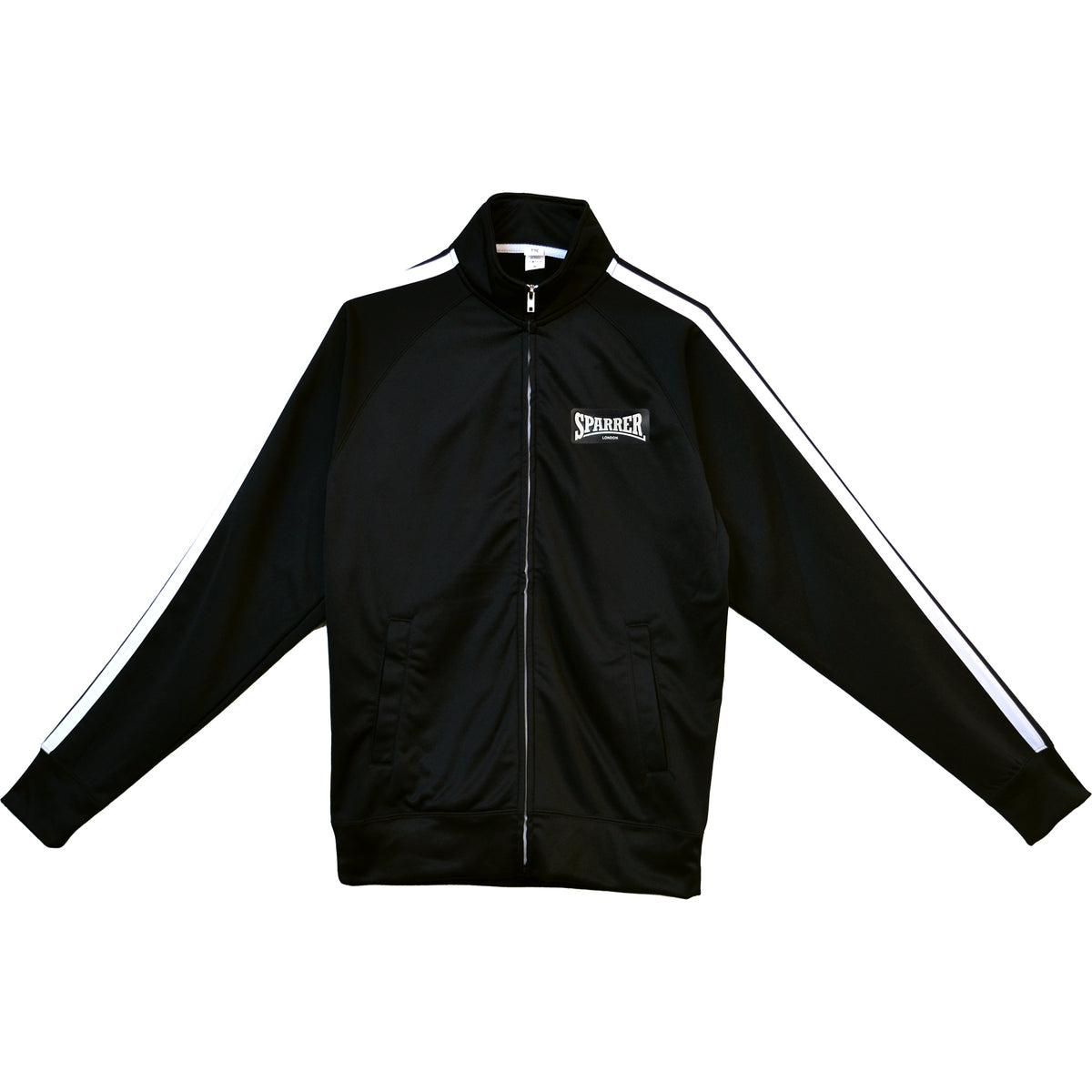 Black zip-up Cock Sparrer track jacket featuring white sleeve stripes and a small white Cock Sparrer logo on the left chest. Laid flat on a white background with arms spread out.