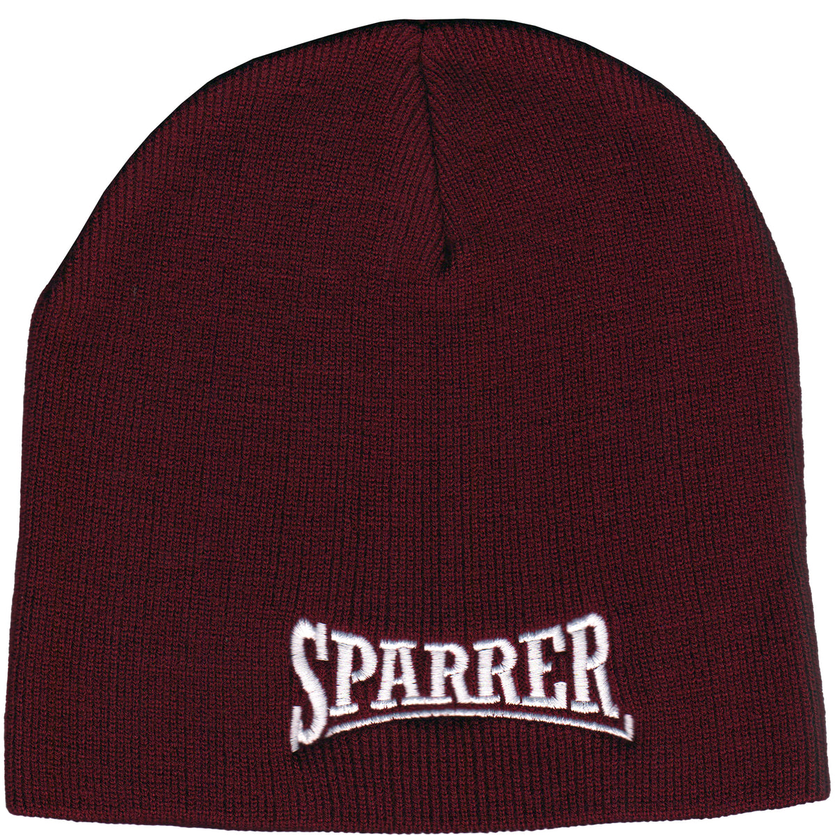 A maroon beanie from Cock Sparrer with &quot;SPARRER&quot; embroidered in white outlined in black across the front, inspired by the classic London logo.