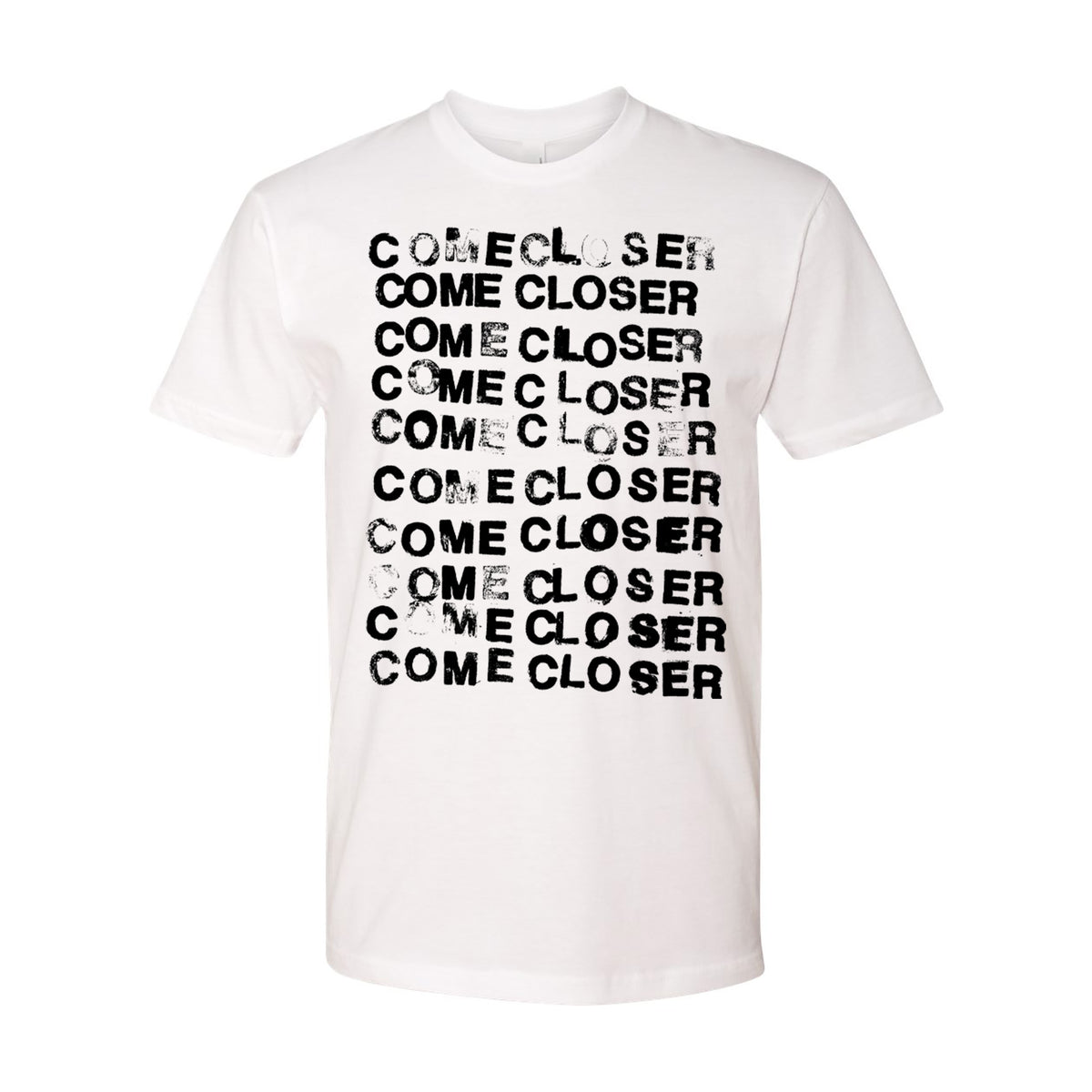 This white Come Closer tee features “COME CLOSER” in bold black text arranged in a grid, with some faded letters for a cool, distressed look.
