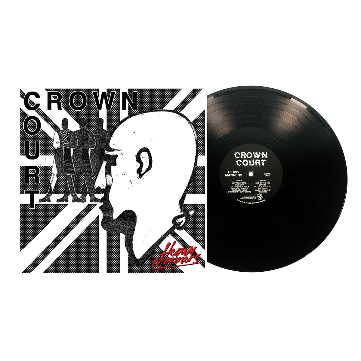 A vinyl LP by Crown Court partially slides out of its sleeve, showing a black-and-white illustration of a bald man’s profile before a stylized Union Jack and three figures. The text Crown Court and Heavy Manners are clearly visible.