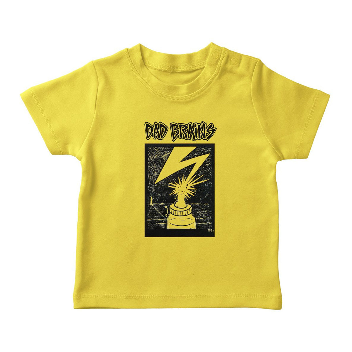 A yellow Dad Brains toddler T-shirt with a black and yellow DAD BRAINS graphic, featuring a lightning bolt striking a can for a bold burst effect.