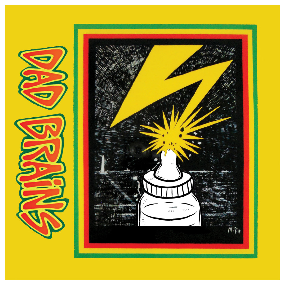A bold yellow lightning bolt hits a white baby bottle, sparking a bright explosion. The &quot;Dad Brains&quot; brand name—punk rock dad-inspired—appears in green and red on the left, set against a yellow background with colorful borders.
