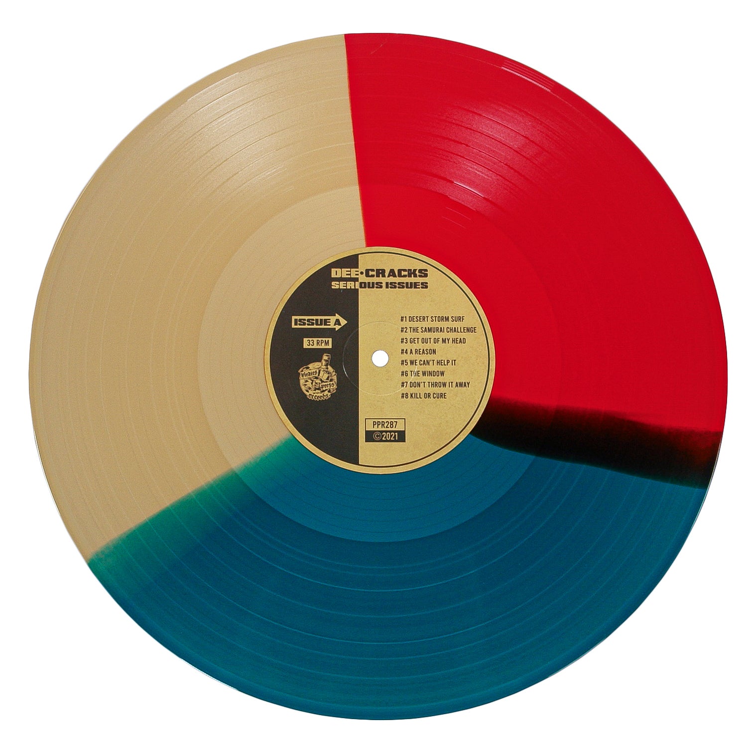The DeeCracks vinyl record features beige, red, and teal sections with a DEECRACKS SERIOUS ISSUES center label, reflecting the Austrian band's rock 'n' roll vibe—grooves and color transitions stand out on this unique album.