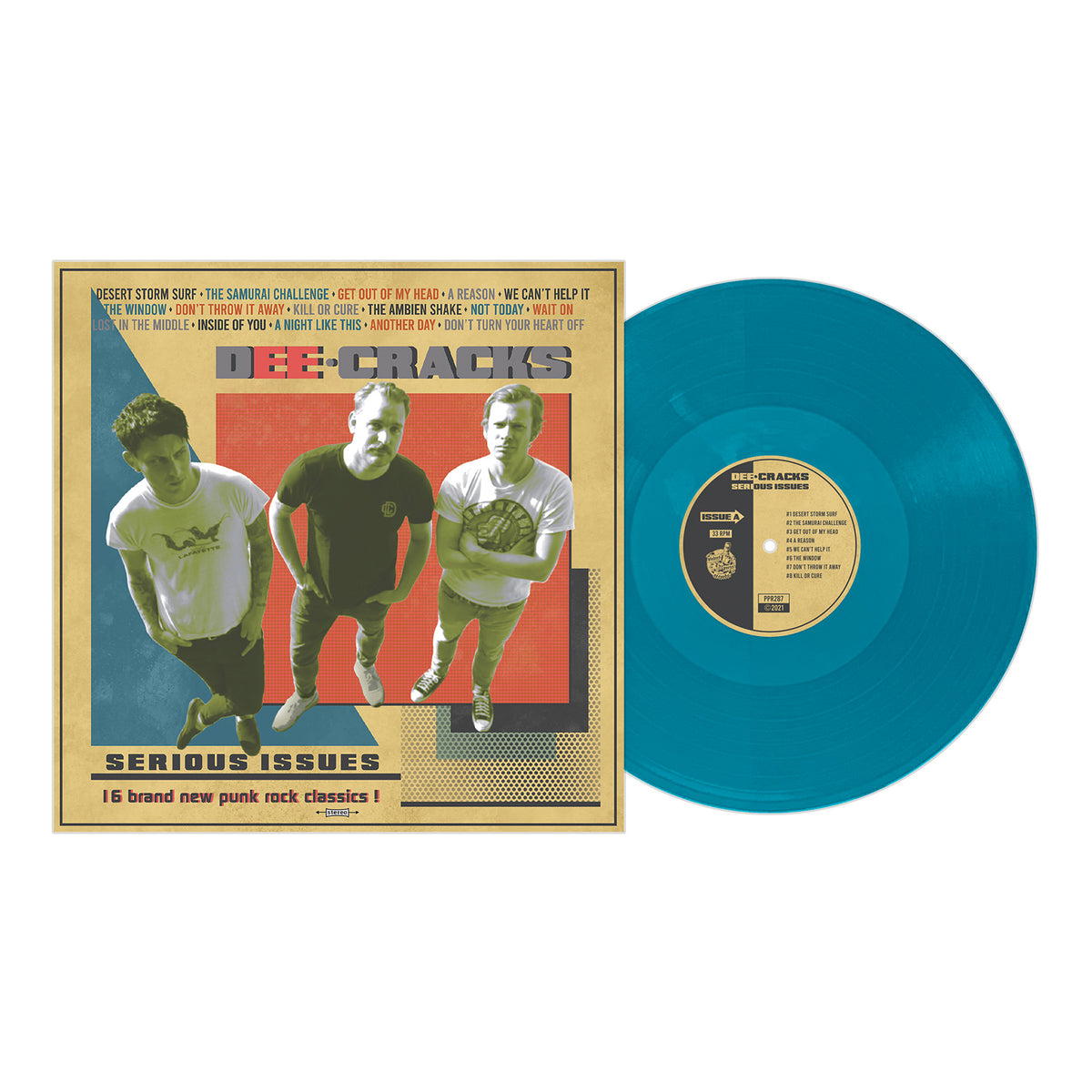 The image shows Austrian rock n roll band DeeCracks on the cover of their Serious Issues album, featuring a blue vinyl and artwork listing all 16 punk rock tracks from this latest release by DeeCracks.
