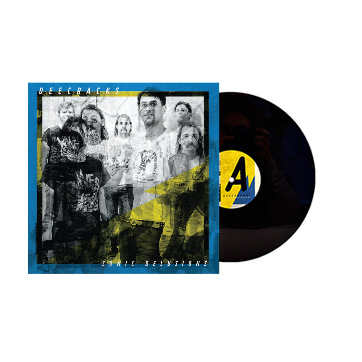 Album cover for DeeCracks Sonic Delusions featuring an abstract, layered image of the DIY trio with blue and yellow accents beside a black vinyl record displaying a matching blue and yellow label.