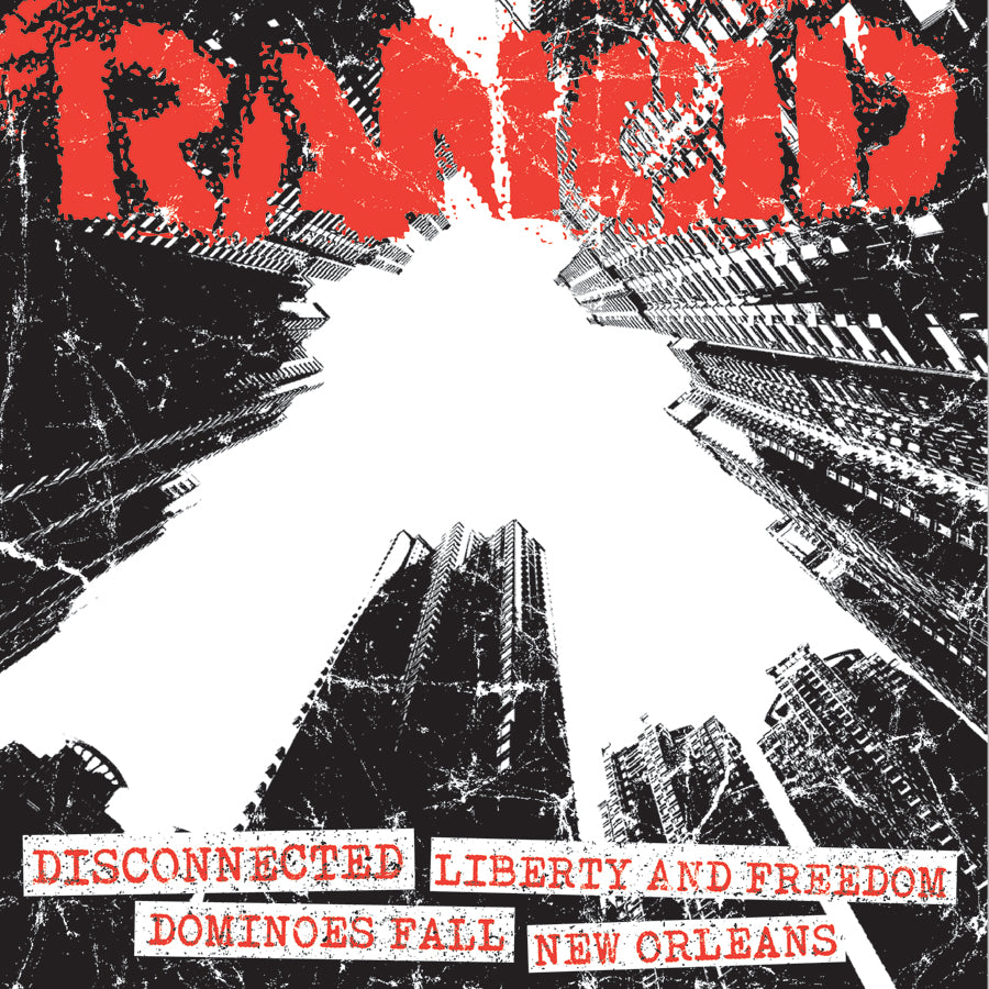 A graphic with warped skyscrapers converging on a white star; &quot;Rancid&quot; in large red distressed letters at the top, with &quot;Dominoes Fall&quot; and other song titles listed below.