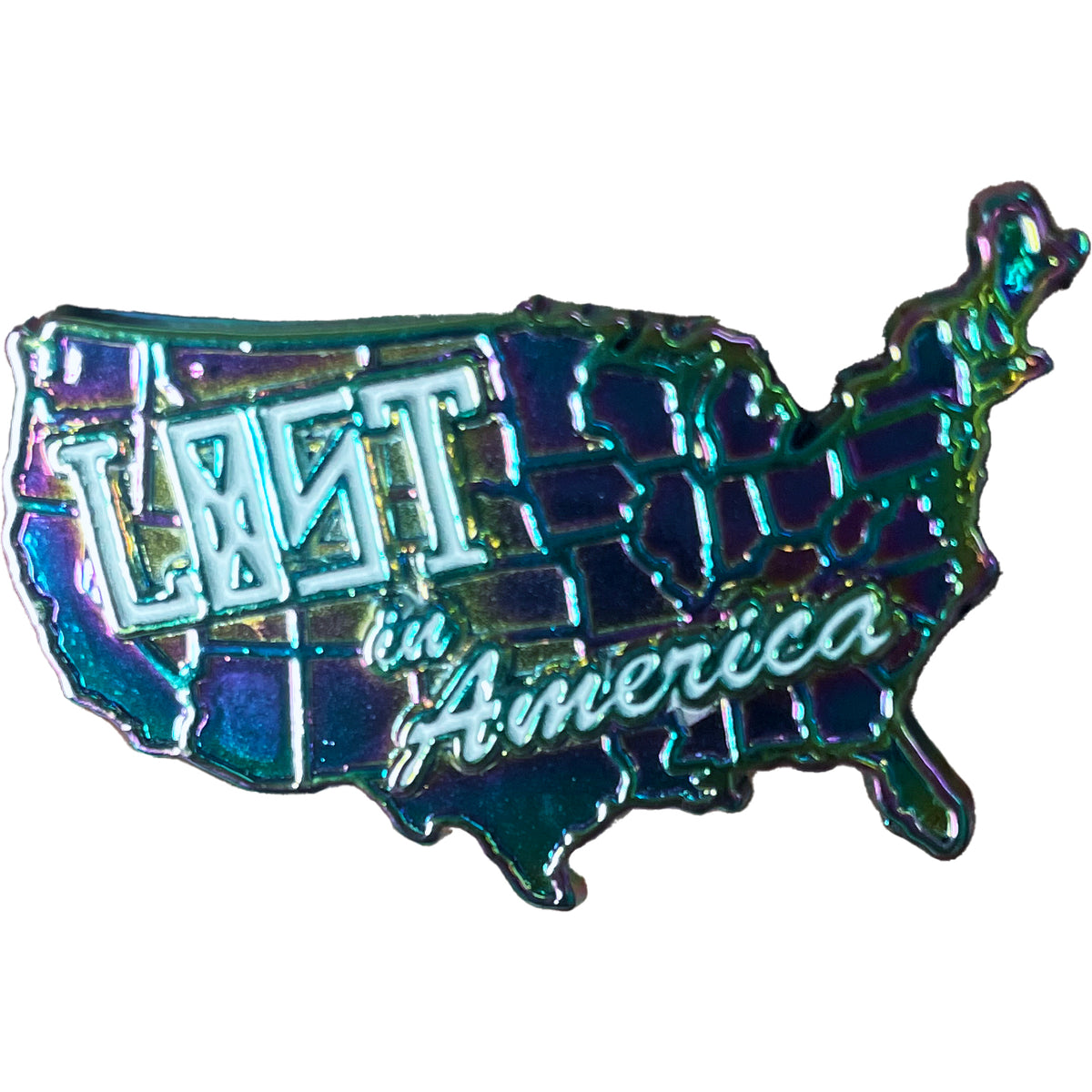 A colorful, glow-in-the-dark pin shaped like the U.S. map with &quot;Downtown Struts&quot; in stylish white script.