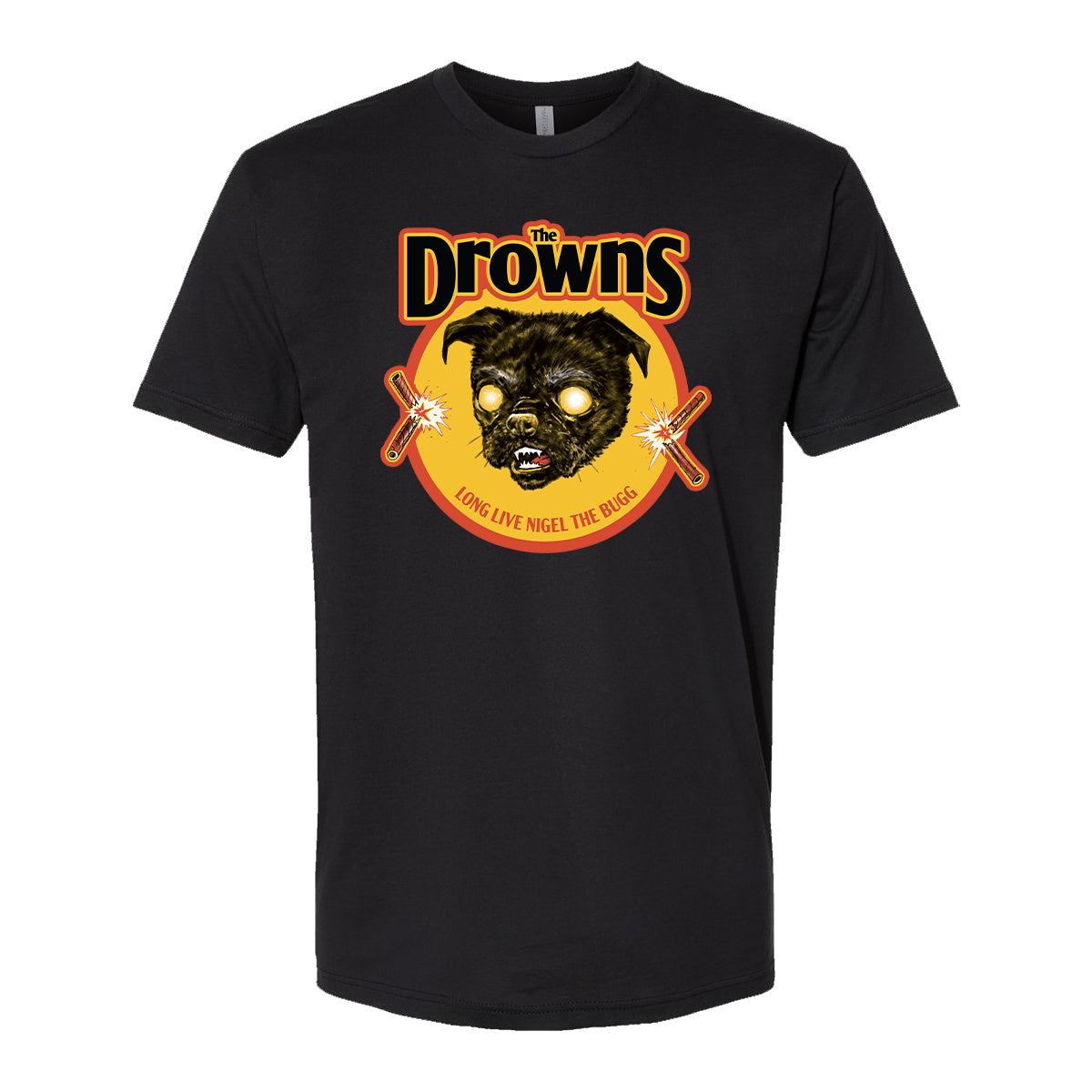 The Drowns Black Nigel t-shirt shows a snarling, zombie dog with glowing yellow eyes. "The Drowns" is above, and below a banner reads "Long Live Nigel The Deuce," flanked by drumsticks. Supports Tacoma Humane Society.