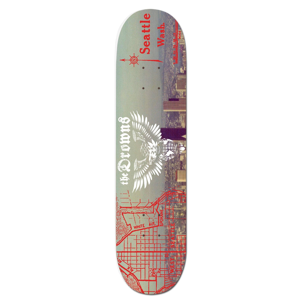A maple skateboard deck by The Drowns with a red Seattle map, “the Browns” and The Drowns Eagle graphic, plus the Seattle skyline and “Seattle Wash” text for a unique look.