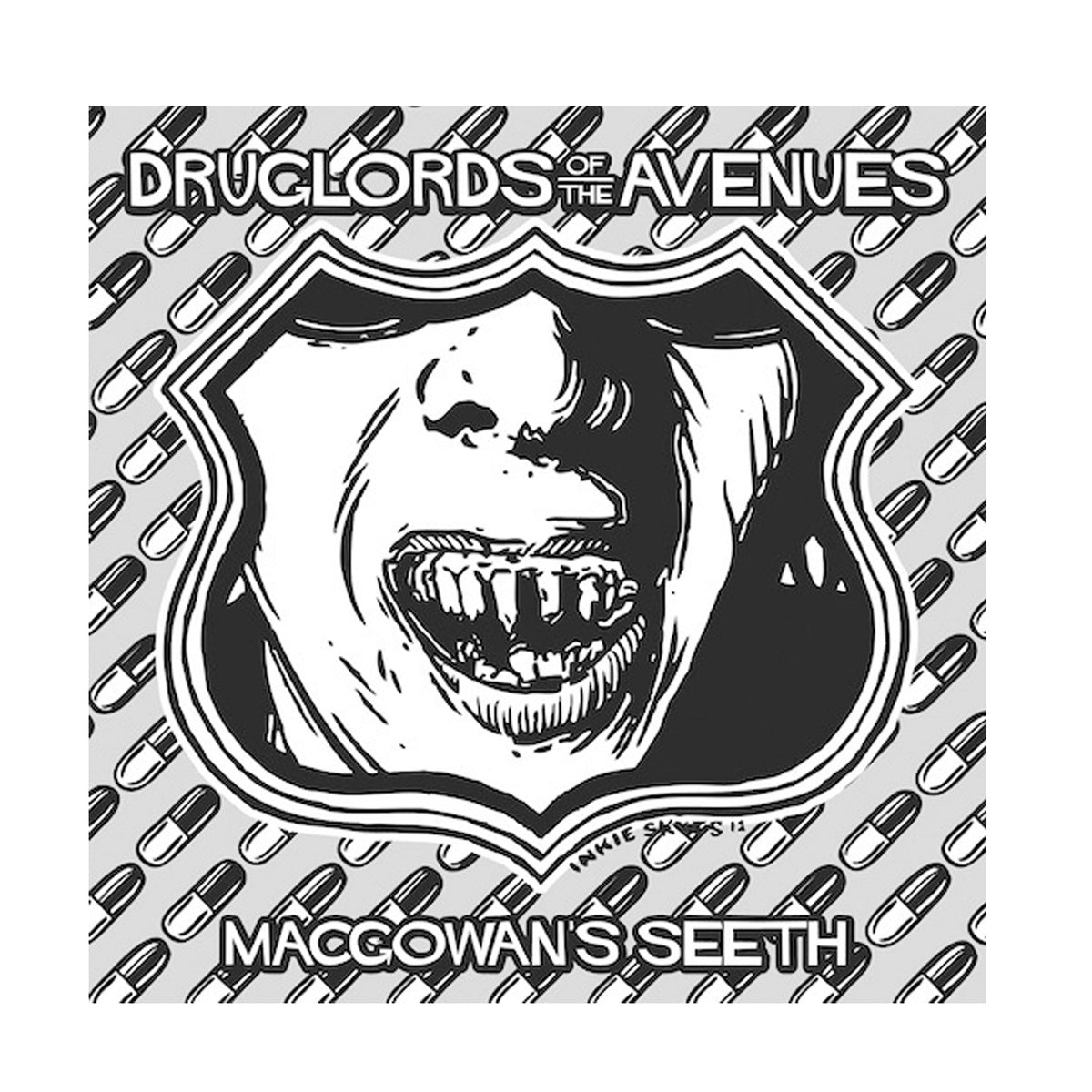 Black and white art shows a snarling mouth with jagged teeth inside a police badge, set against pills. Features the text: Druglords of The Avenues - MacGowan’s Seeth. Released by Red Scare Records with Swingin’ Utters vibes.