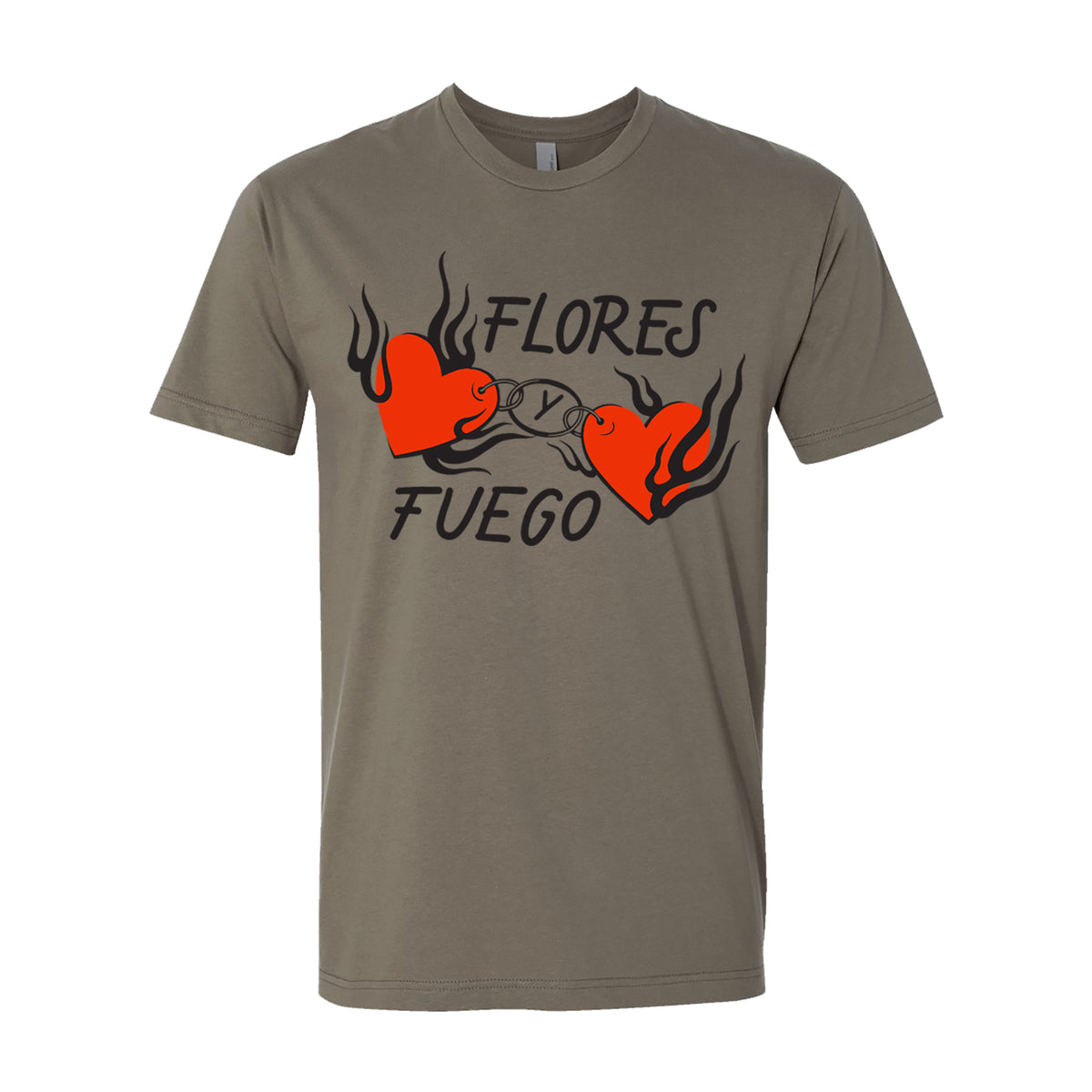 A Flores Y Fuego Next Level 3600 khaki tee with two red flaming hearts joined by tattooed hands, FLORES above and FUEGO below. Part of our Flores y Fuego Warm Grey T-shirt collection.
