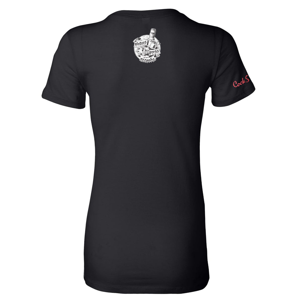 Back view of a fitted black Cock Sparrer women’s T-shirt featuring a small white hand-holding-bottle graphic near the upper back and red Cock Sauce text on the right sleeve.