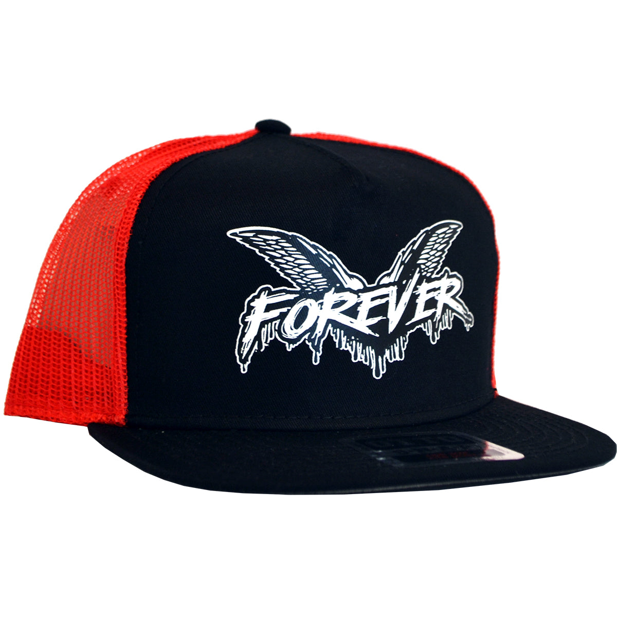 A black and red Cock Sparrer Otto Snapback trucker hat with mesh back, flat brim, and visor sticker. The front features bold white FOREVER text with graphic wings.