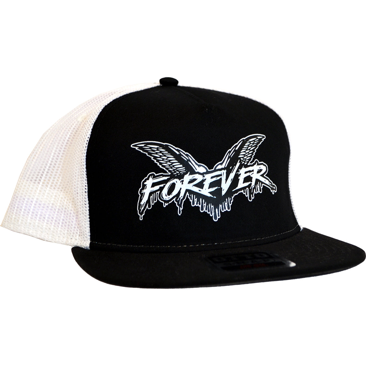 A black Cock Sparrer snapback trucker hat with a white mesh back, featuring FOREVER in bold stylized lettering and an illustrated bird graphic on the Otto Snapback front panel.