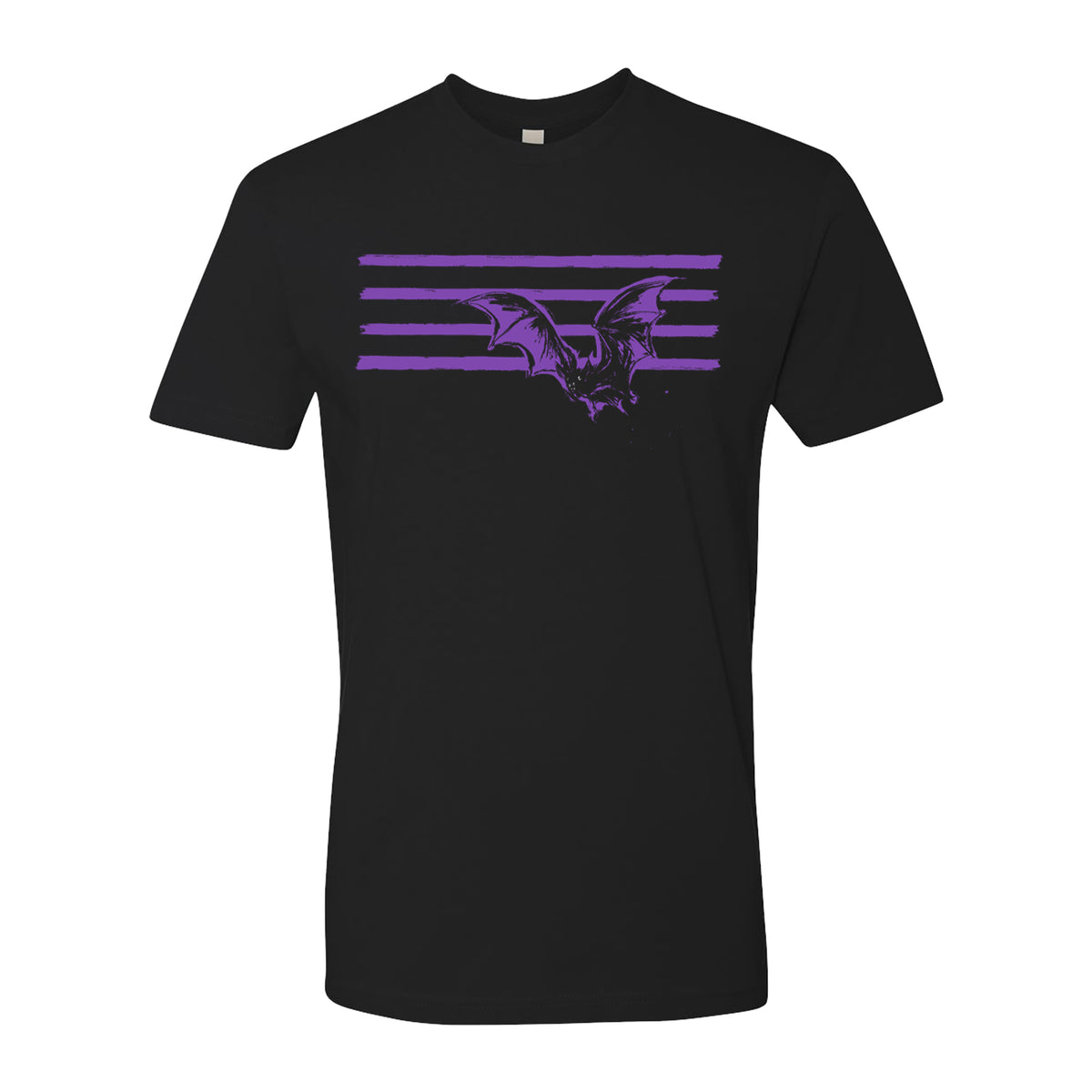 Kepi Ghoulie shirt with four horizontal purple stripes and a bat with spread wings at the center. The Full Moon Forever design is printed on a comfy Next Level 3600 tee, chest area.