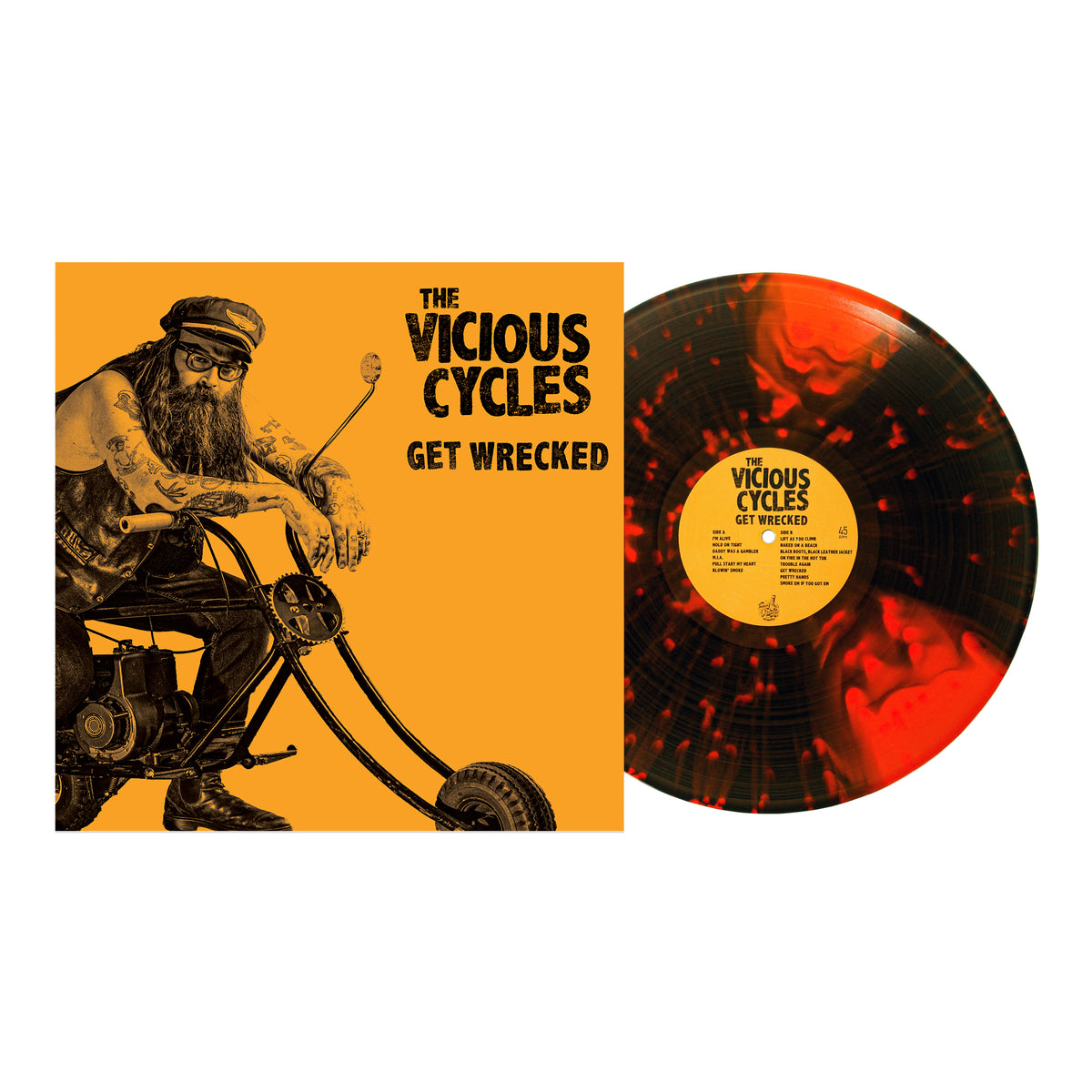 The Vicious Cycles - Get Wrecked - Pinwheel Black Ice &amp; Orange Crush W/ Neon Orange Splatter - Vinyl LP