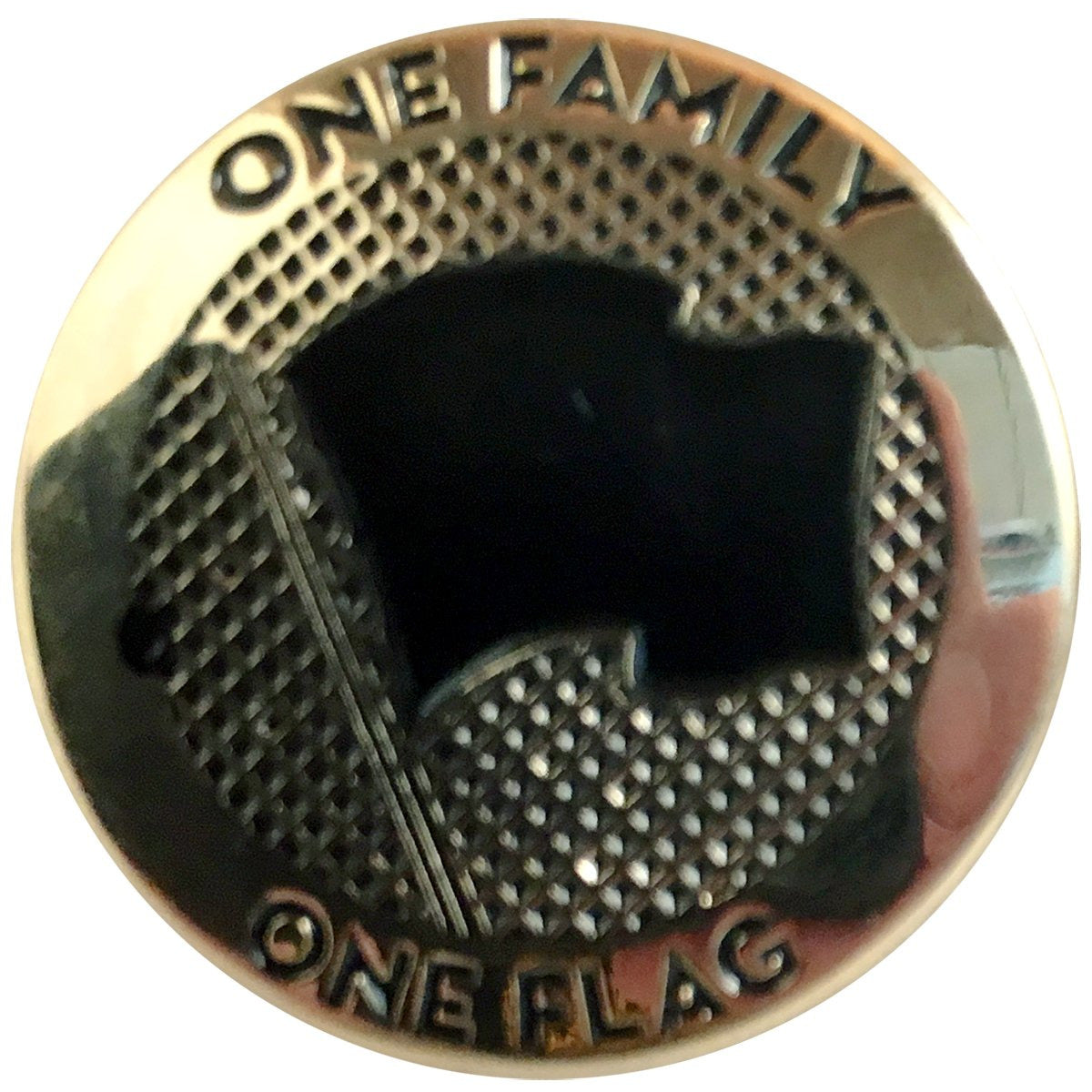 This Pirates Press Records lapel pin features a round metallic design with a flag outline at the center, ONE FAMILY above, and ONE FLAG below. Its textured background makes this keepsake a unique symbol of family unity.