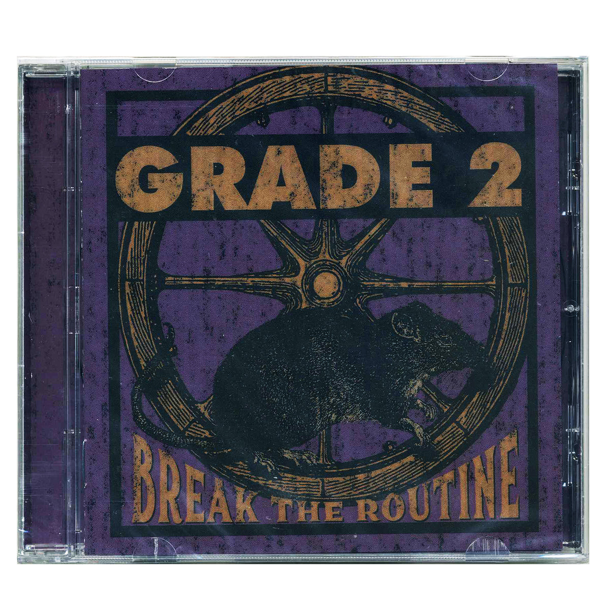 CD cover for &quot;Break the Routine&quot; by Grade 2, a punk rock band, shows a black rat in front of a ship&#39;s wheel, with bold yellow band and album names on a purple background.