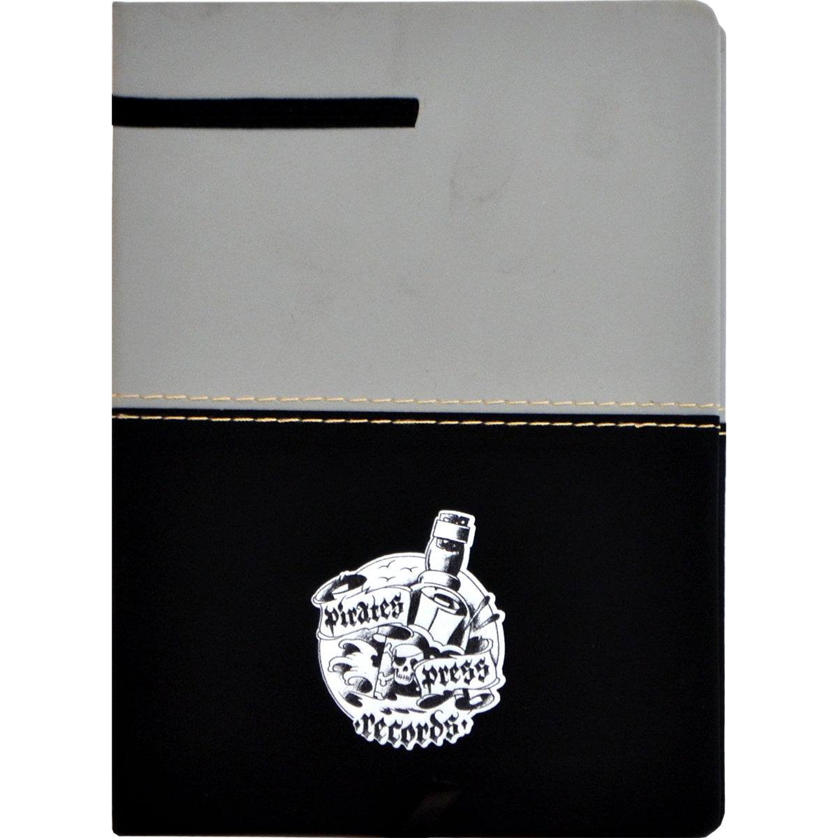 A Pirates Press Records journal featuring a gray top, black bottom with yellow stitching, and a white pirate-themed logo. Includes lined pages for your notes and ideas.