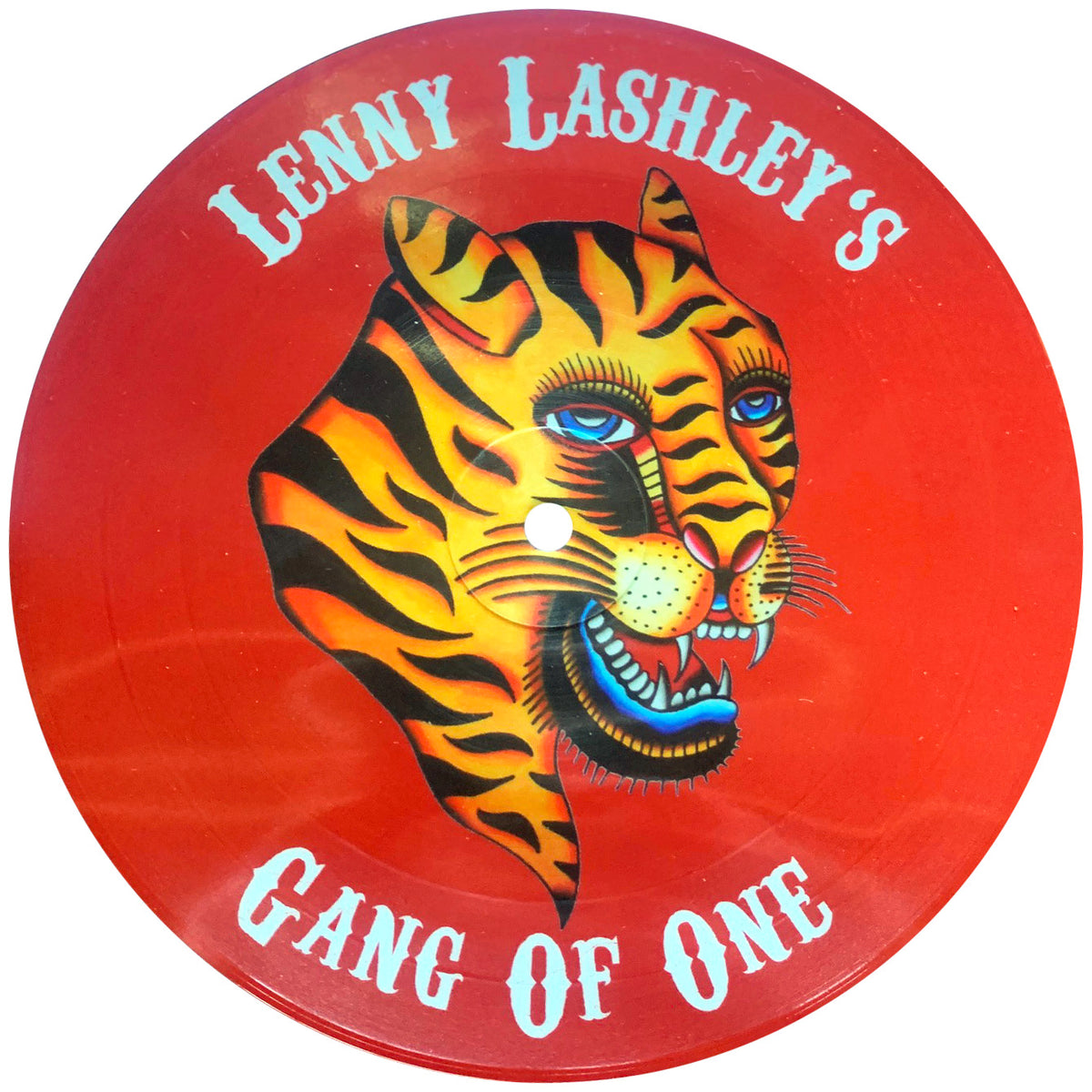 A stylized tiger head with a blue mouth on a red circle. Lenny Lashleys Gang Of One is curved in white above and below—an homage to Dropkick Murphys.