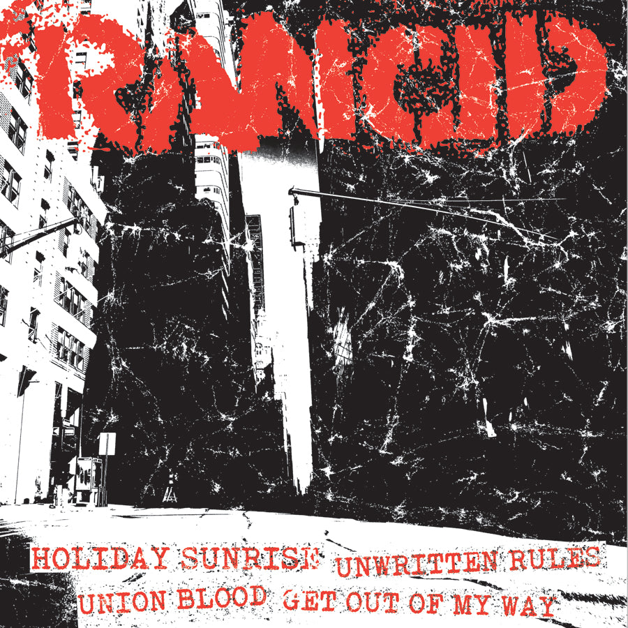 A gritty black-and-white urban street scene with distressed textures. &quot;Rancid&quot; is in bold red at the top, while song titles like &quot;Holiday Sunrise&quot; and &quot;Union Blood&quot; appear below, channeling classic Black Vinyl style. Brand Name: Rancid.