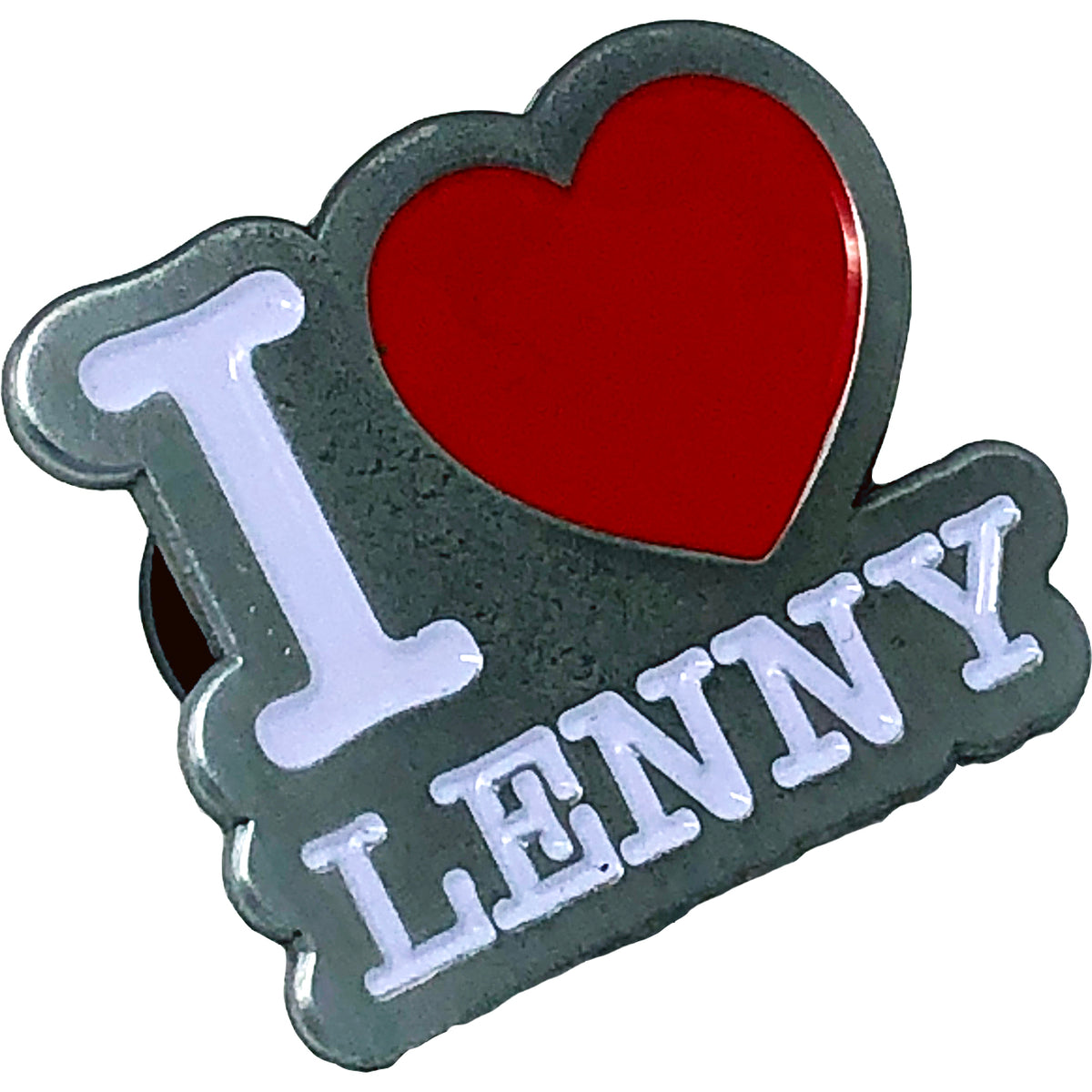 Show your love for Lenny Lashleys Gang Of One with this metallic gray enamel pin, featuring bold white I &lt;3 Lenny lettering and a striking red heart—an ideal tribute for any fan.
