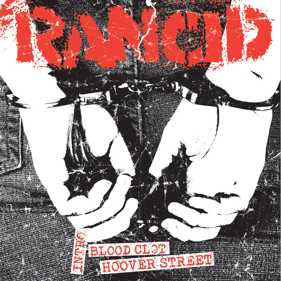 Black and white image of hands in handcuffs, with &quot;Rancid&quot; in large red letters at the top. &quot;Intro,&quot; &quot;Blood Clot,&quot; and &quot;Hoover Street&quot; appear in red typewriter-style text at the bottom, evoking a classic Rancid album cover.