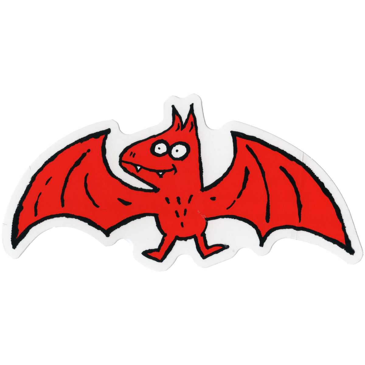 Cartoon-style bat illustration by Kepi Ghoulie with big eyes, a wide smile showing two fangs, and outstretched wings—perfect as a vinyl-shaped sticker. Features simple black outlines on a white background.