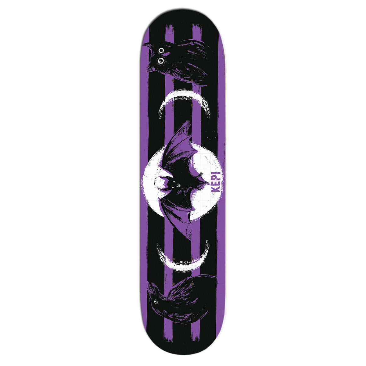 A Kepi Ghoulie maple skateboard deck with Full Moon Forever art: a bat before a white moon, two black cats on purple and black stripes, and KEEP! printed beside the bat.