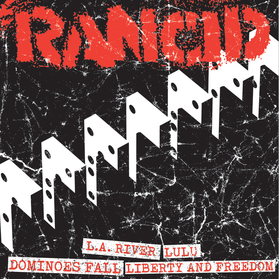 The Rancid album cover features the band’s name in rough red letters, black vinyl, dominoes falling, and the song titles “LA River,” “Lulu,” “Dominoes Fall,” and “Liberty and Freedom” in bold white and red text. Brand: Rancid.