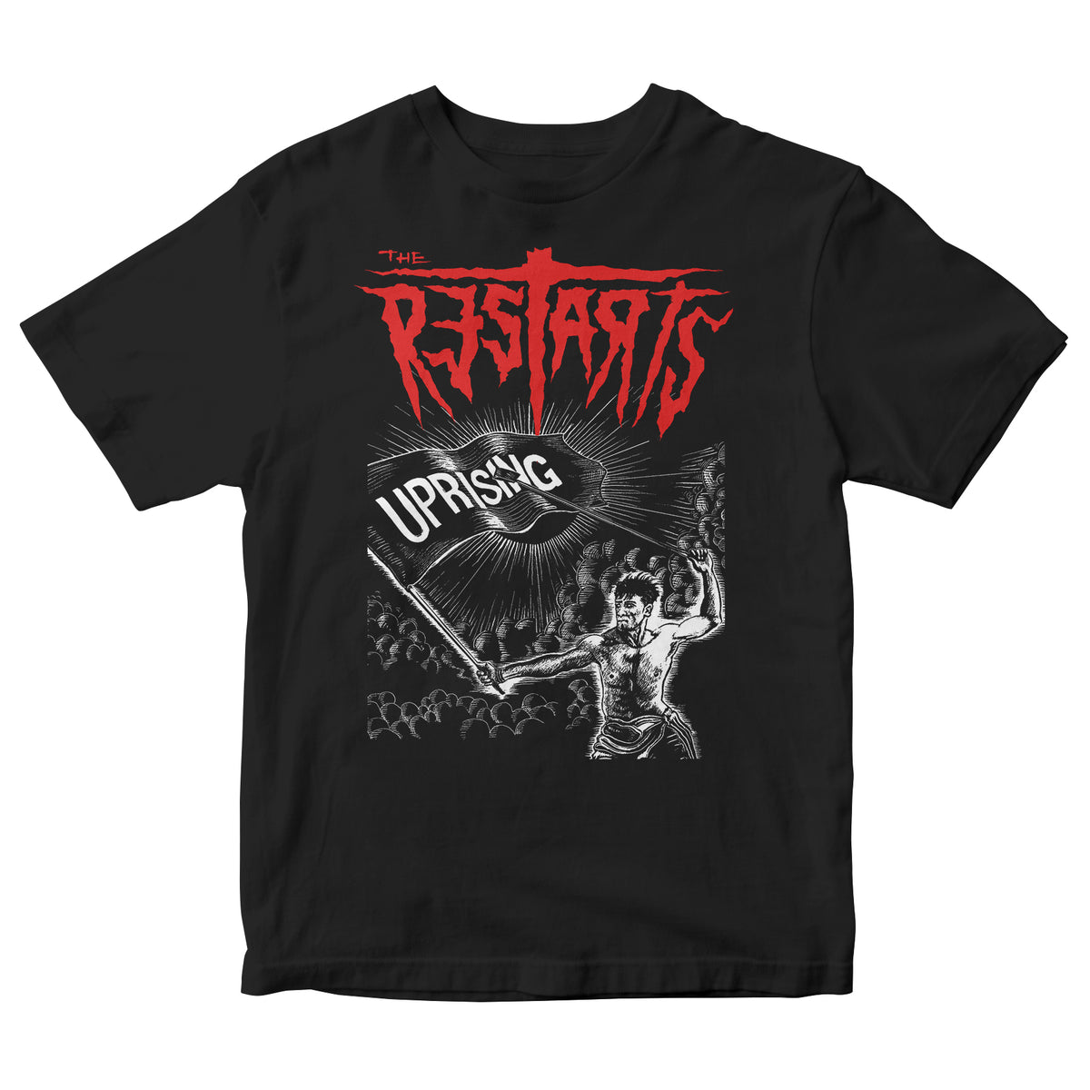 Black T-shirt by The Restarts featuring jagged red THE RESTARTS text, a figure raising a UPRISING flag, and bold black-and-white graphics. Inspired by the Uprising album t-shirt.