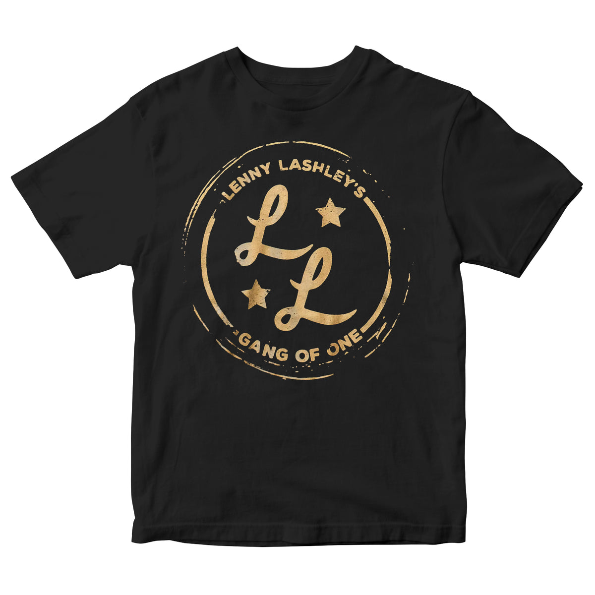 Black Next Level T-shirt with a circular gold logo featuring two cursive Ls, two stars, and Lenny Lashleys Gang Of One text—perfect for fans of the band.