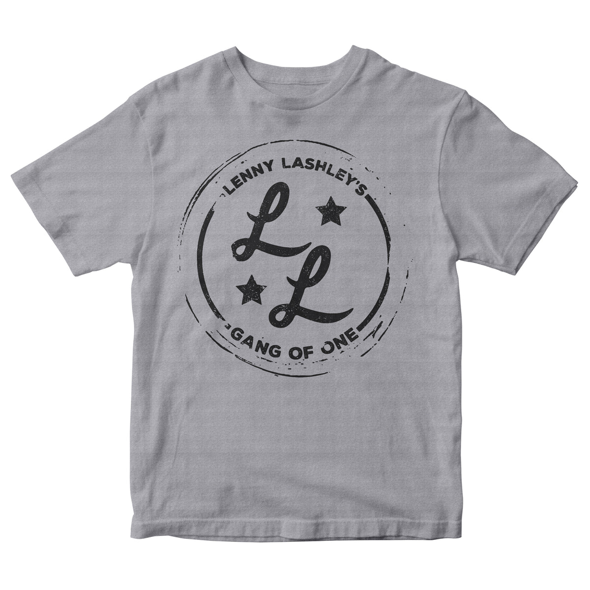 A gray Next Level 6010 shirt by Lenny Lashleys Gang Of One features a black circular logo with two “L” letters, two stars, and the band name.