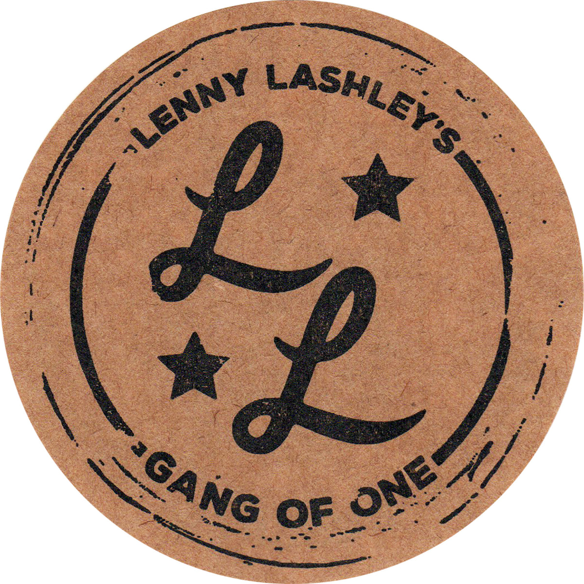 A brown kraft sticker coaster by Lenny Lashley&#39;s Gang Of One, featuring two stylized L letters, two black stars, and the band&#39;s name around the edge.