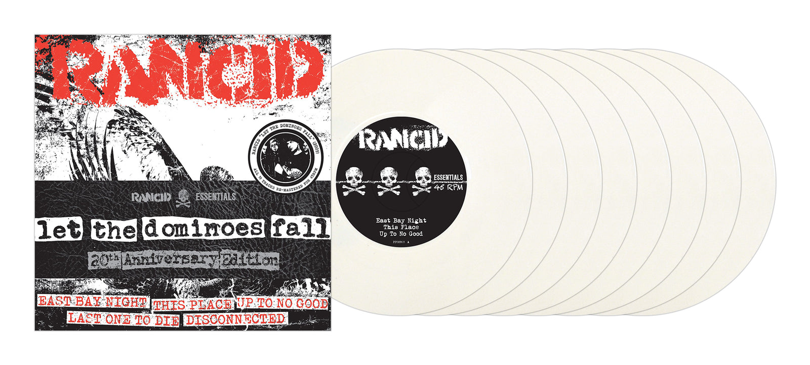 Rancid’s “Let the Dominoes Fall” 20th Anniversary Edition vinyl box set is shown, with eight audiophile 45rpm records and a striking red, white, and black punk-themed album cover.