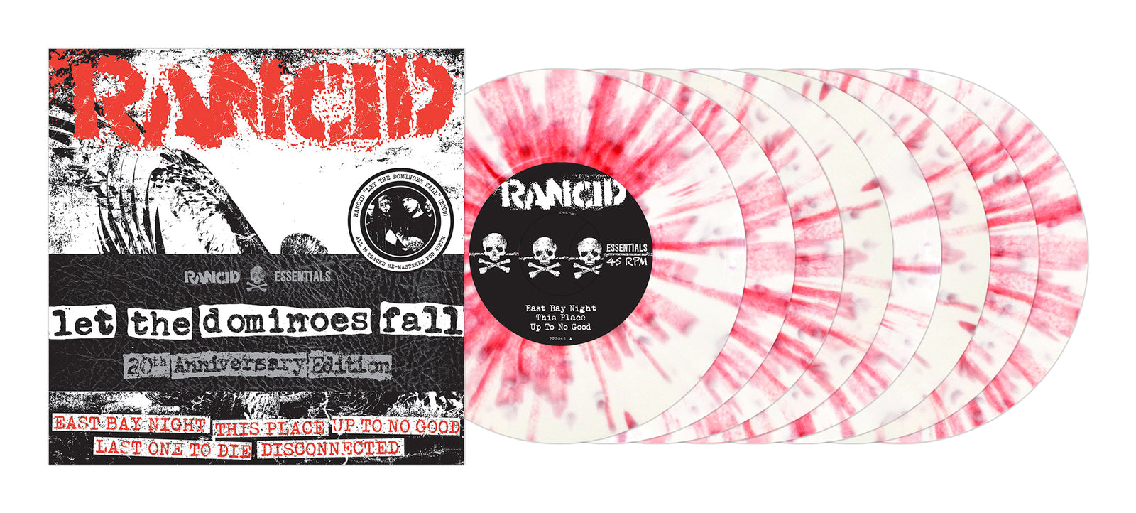A set of Rancid red and white 7” audiophile vinyl records with collectible sleeve designs.