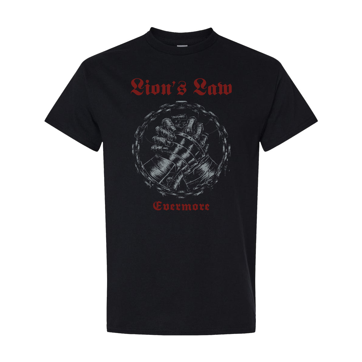 Lions Law heavy black cotton T-shirt with red Lion’s Law text, two armored hands clasped in a barbed wire circle, and bold red Evermore artwork below.