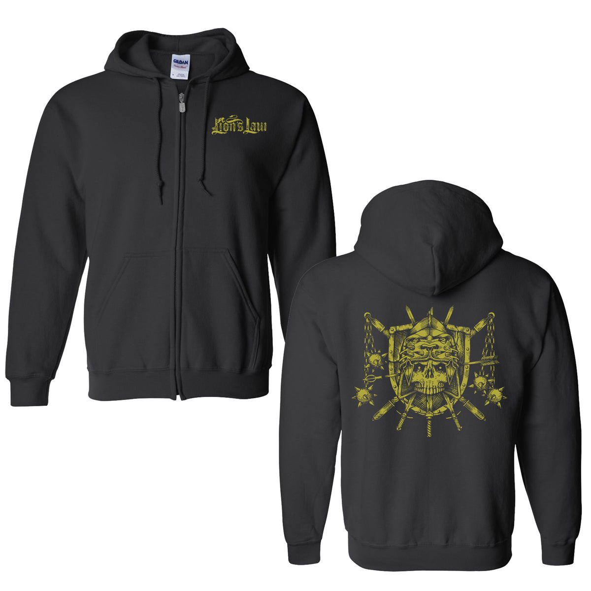 Lions Law black zip-up hoodie (Gildan 18600) with gold Lions Law name and lion logo on the front left chest; large gold lion, shield, and crossed weapons graphic on the back.