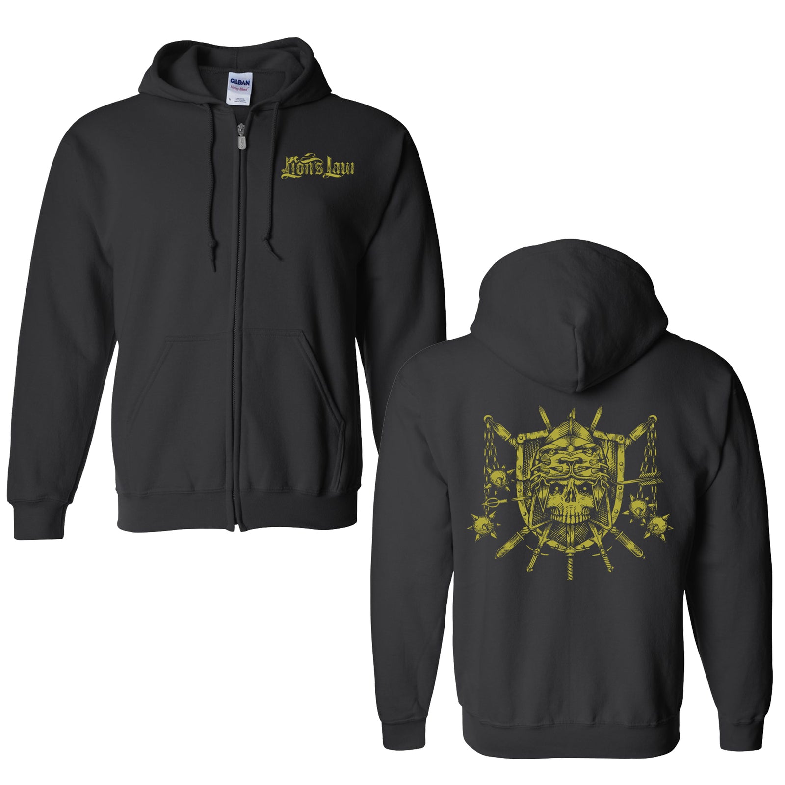 Lions Law black zip-up hoodie (Gildan 18600) with gold Lions Law name and lion logo on the front left chest; large gold lion, shield, and crossed weapons graphic on the back.