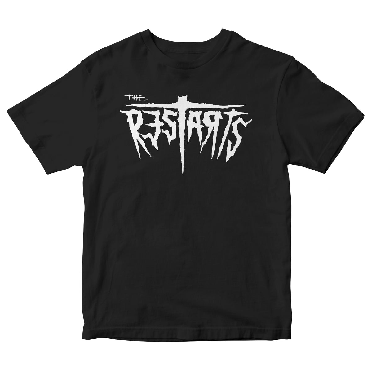 Black The Restarts brand T-shirt with the band’s name in large, jagged white letters across the chest, distressed in a punk-style font—the perfect black logo tee for any fan.