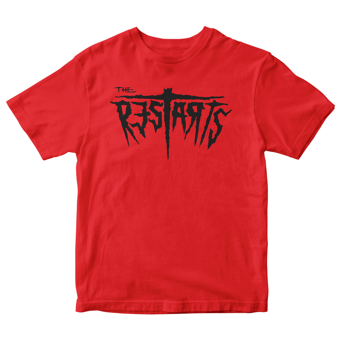 A bright red The Restarts logo t-shirt with bold, jagged black lettering across the chest. Made by Bayside and union-made in the USA for top quality and comfort.
