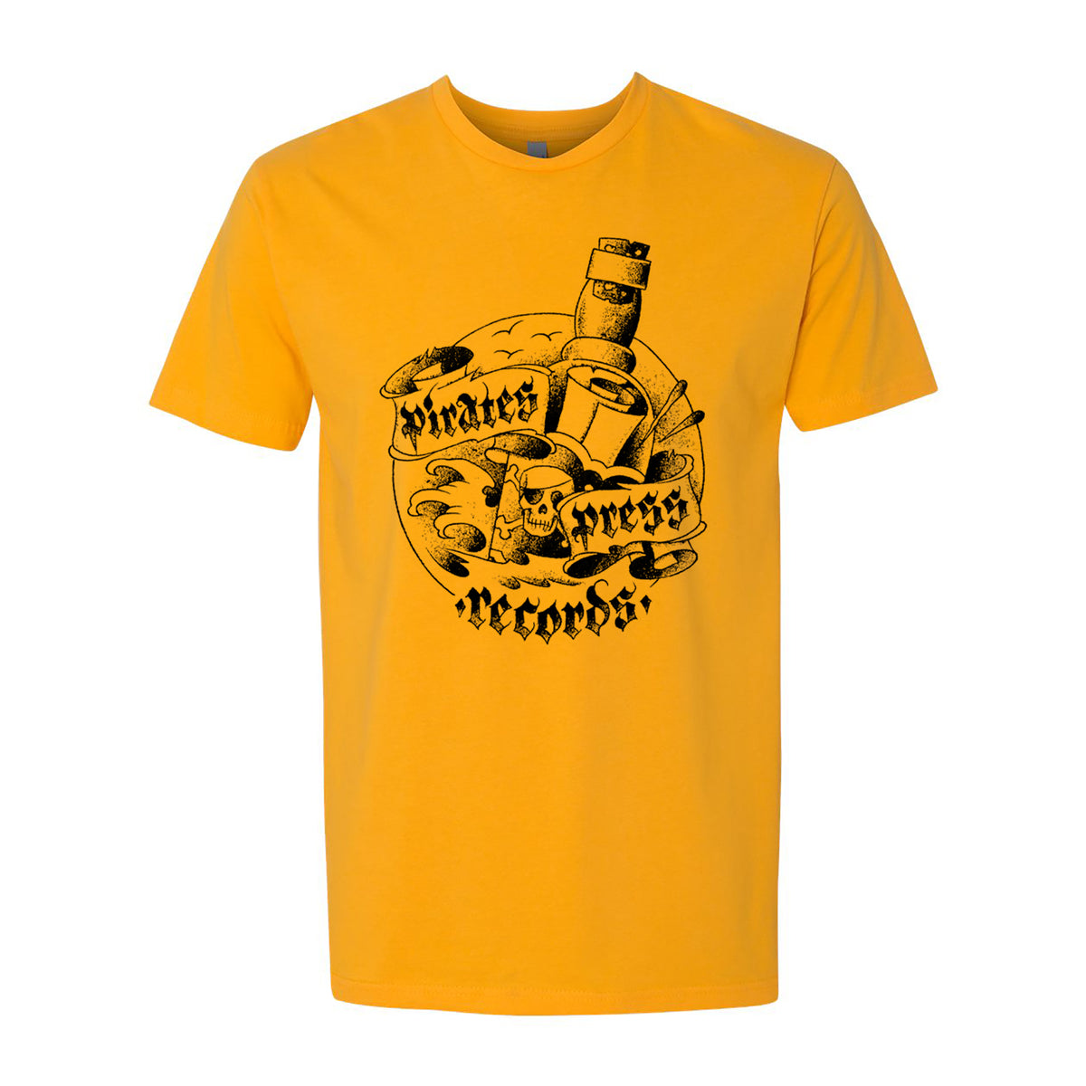 A yellow unisex T-shirt by Pirates Press Records features a black telescope, anchor, and scroll design with the brand name in decorative font. Printed on soft, premium Next Level Gold fabric for comfort and style.
